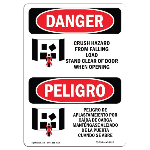 OSHA, Crush Hazard From Falling Load Bilingual, 24in X 18in Rigid Plastic, 18" W, 24" H, Spanish
